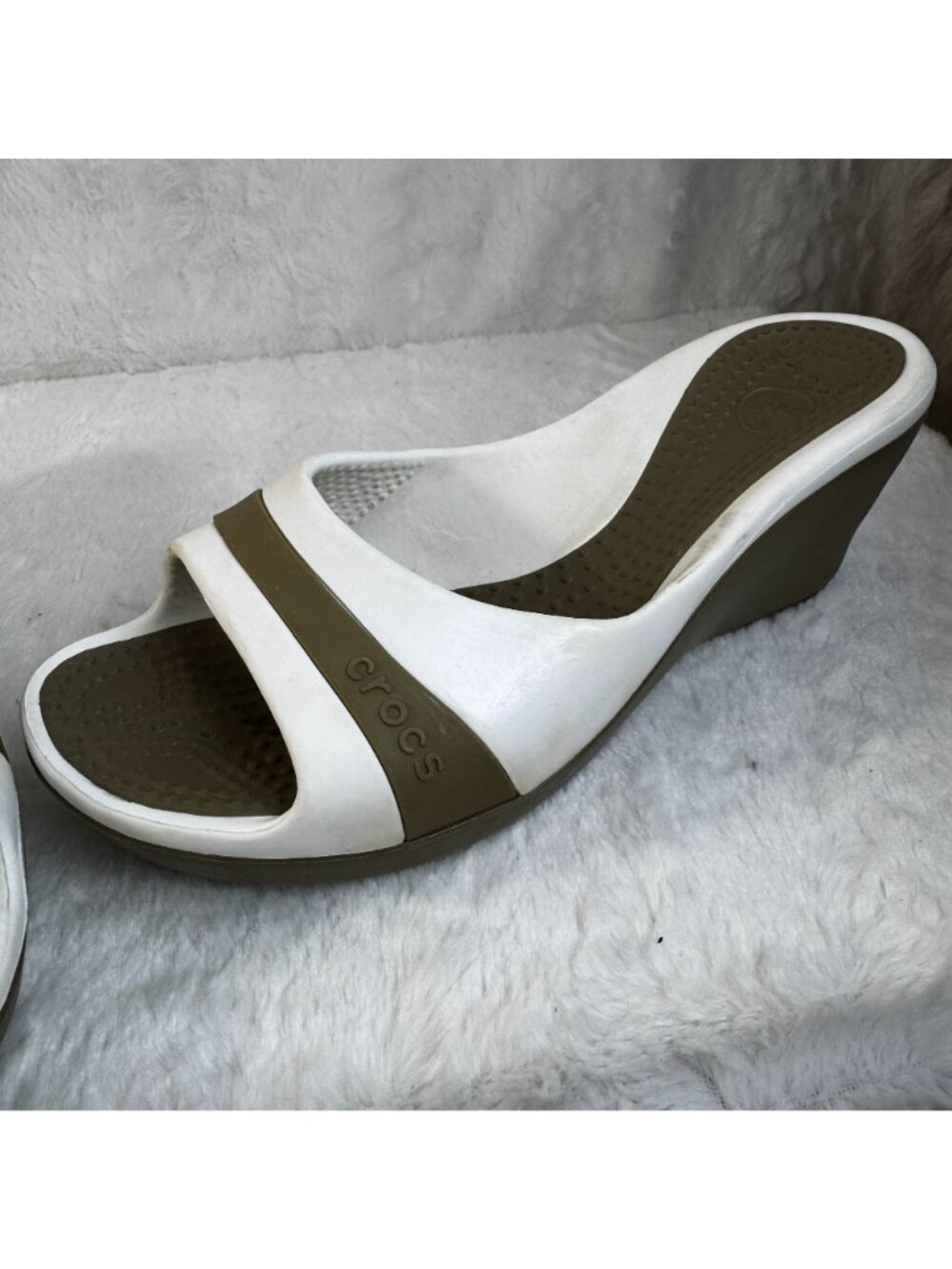 Crocs Platform Heel Wedge Shoes Sassari Womens Size 9 Open Toe Slide White Tan - Picture 5 of 7